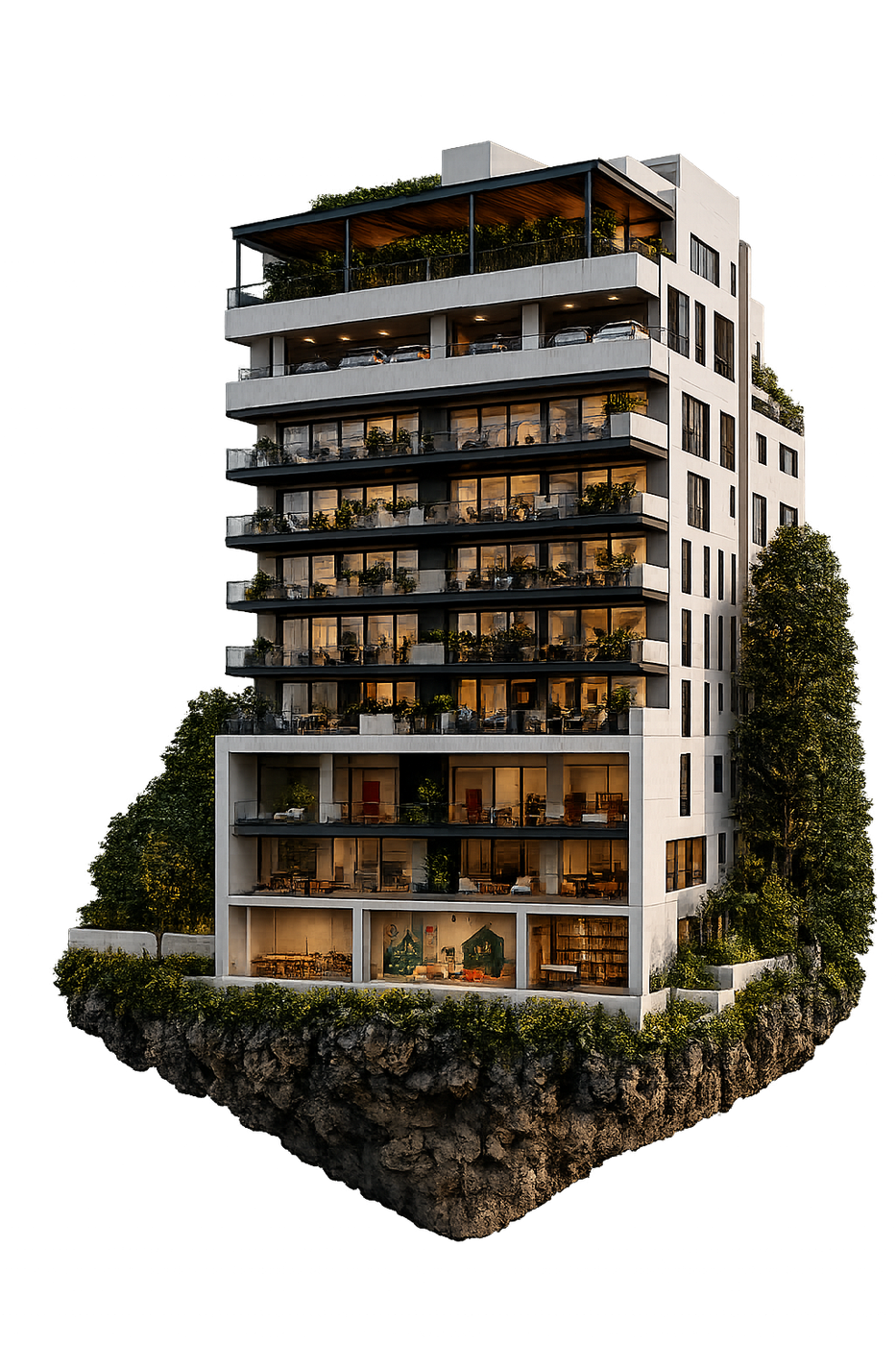 Render aéreo del edificio ACRE Vista Hermosa mostrando sus niveles y amenidades
